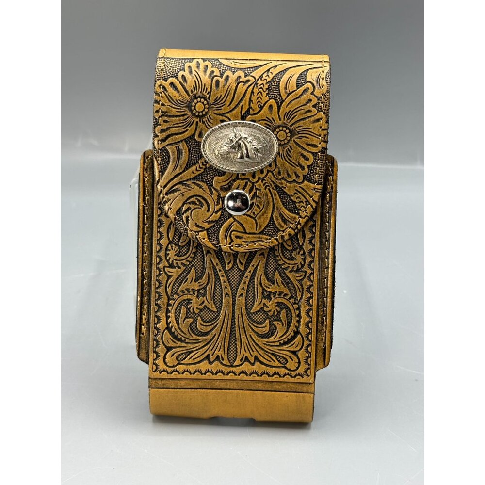 West Star Texas Genuine Leather Floral Embossed Belt Phone Holster Concho Design